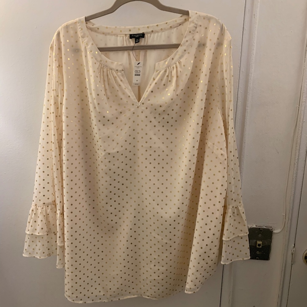 Ivory w/gold metallic dots ruffle sleeves 3X